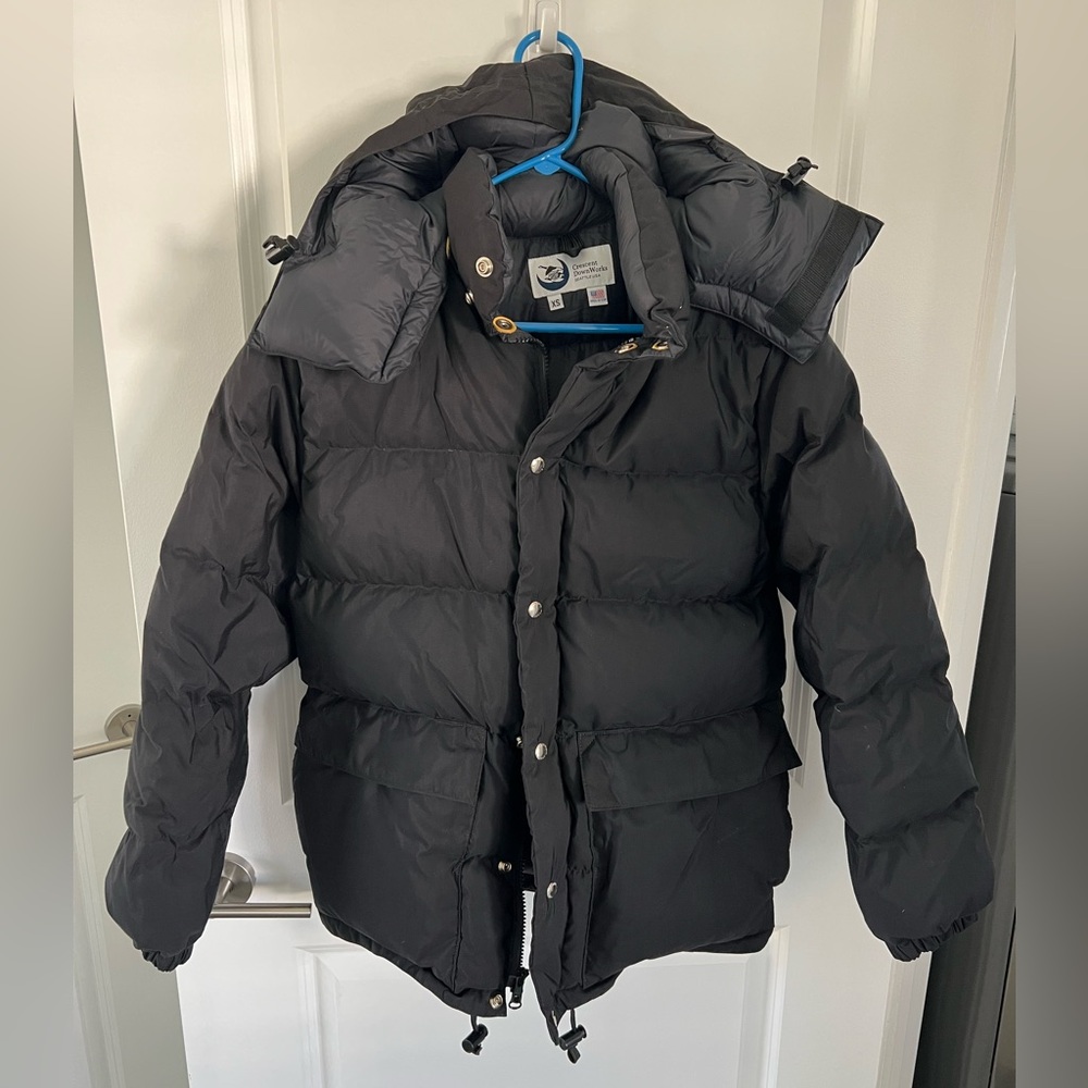 Crescent Down Works Jacket w Hood Black, XS Puffy Coat Parka Goose Down Unisex